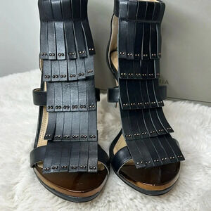 NWT  BCGB Black Leather Heels with Fringe & Copper Embellishment